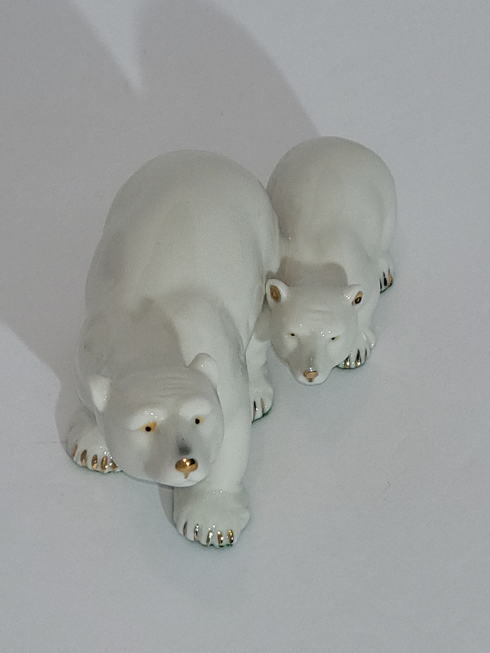 Porcelain Polar Bear Mama & Cub Figurine By Anthony Fi - White with Gold Accents